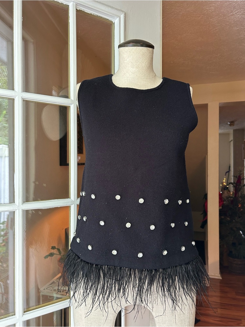 Ann Taylor Black Embellished Feather-Hem Tank sweater.